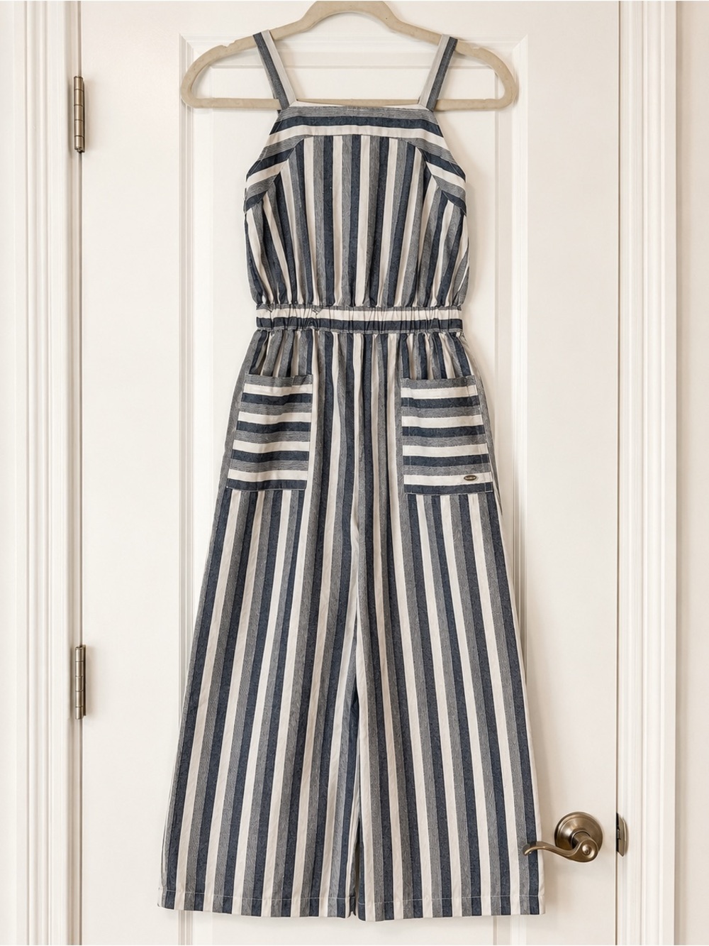Bebe Girls Striped Wide Leg Jumpsuit Size Large 14 Blue White Sleeveless